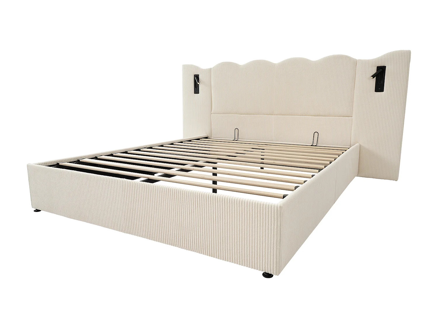 Cama com arrumação 160x200 cm com 2 luzes de leitura e USB, veludo canelado bege, sem colchão