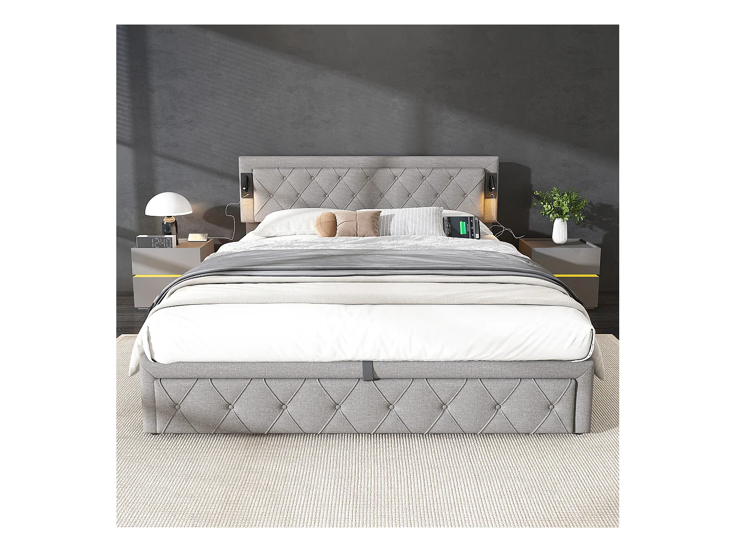 Lit coffre adulte 180x200 cm avec 2 lampes de lecture et USB type-C, en lin gris, sans matelas