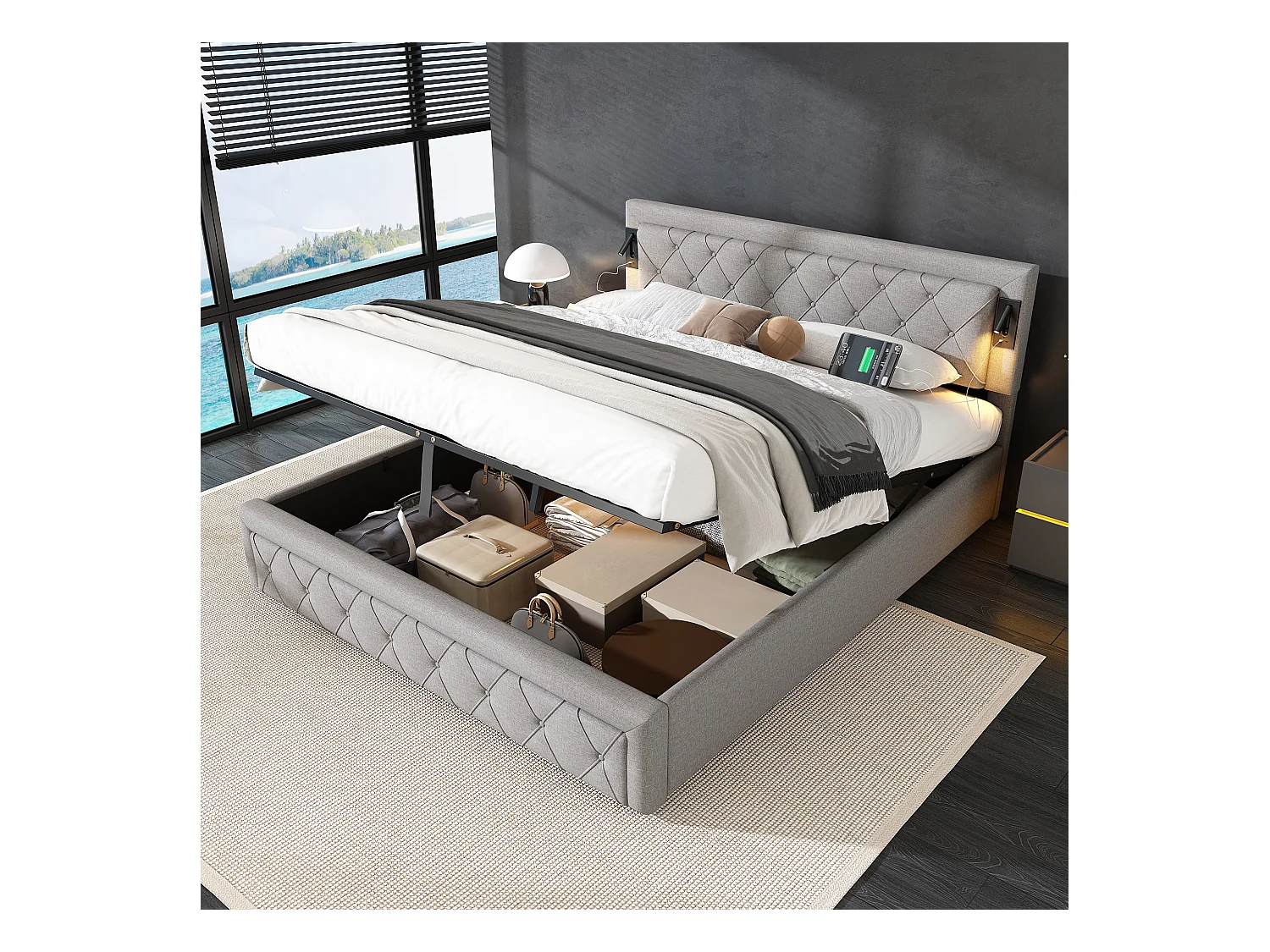 Lit coffre adulte 180x200 cm avec 2 lampes de lecture et USB type-C, en lin gris, sans matelas