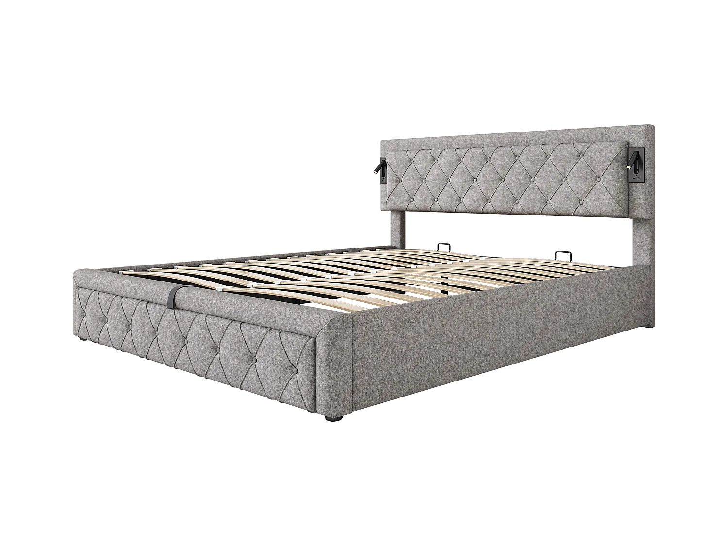Lit coffre adulte 180x200 cm avec 2 lampes de lecture et USB type-C, en lin gris, sans matelas