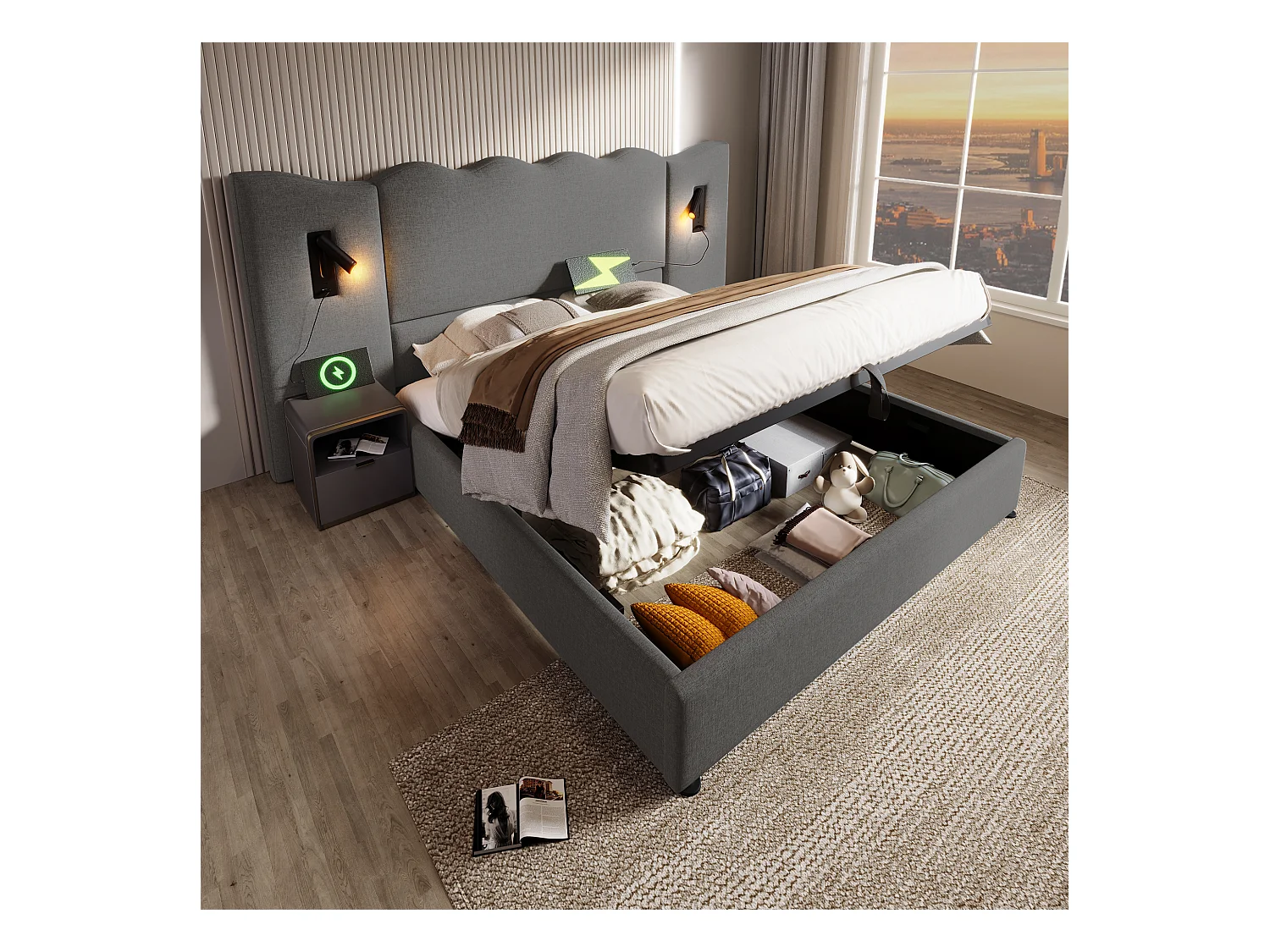 Lit coffre adulte 160x200cm avec 2 lampes de lecture et USB, lin, gris, sans matelas