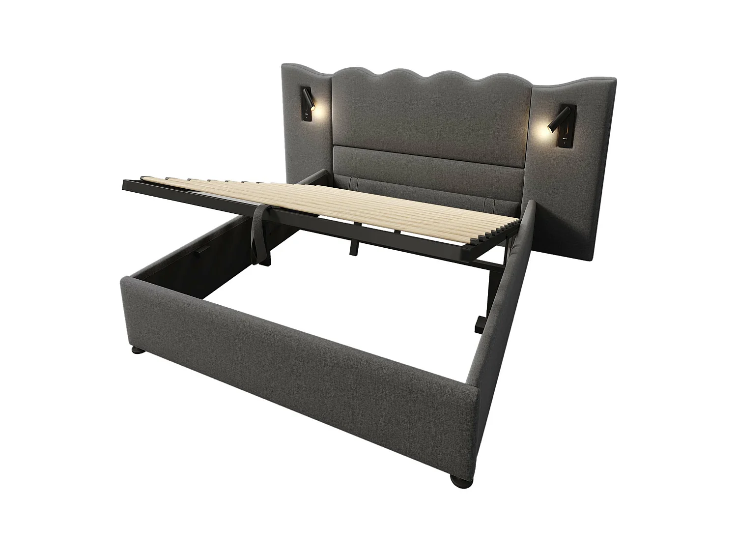 Lit coffre adulte 160x200cm avec 2 lampes de lecture et USB, lin, gris, sans matelas