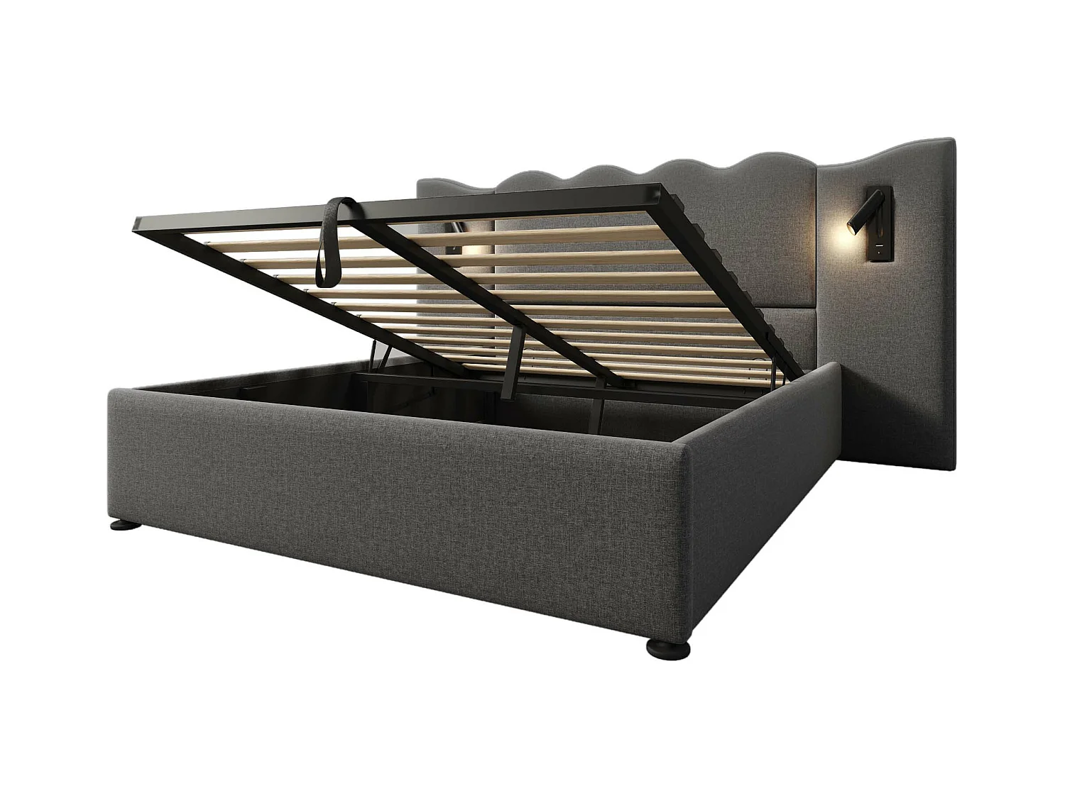 Lit coffre adulte 160x200cm avec 2 lampes de lecture et USB, lin, gris, sans matelas