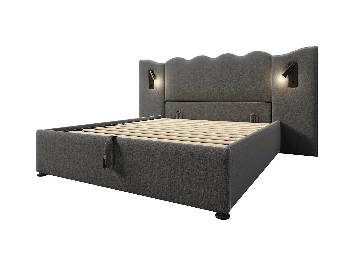 Lit coffre adulte 160x200cm avec 2 lampes de lecture et USB, lin, gris, sans matelas