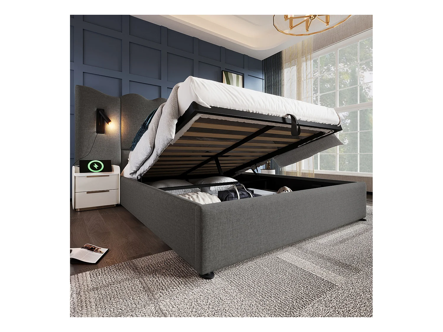 Lit coffre adulte 160x200cm avec 2 lampes de lecture et USB, lin, gris, sans matelas