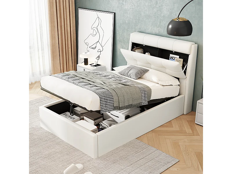 Opbergbed 90x200 cm met hoofdbord met opbergruimte, wit kunstleer, zonder matras