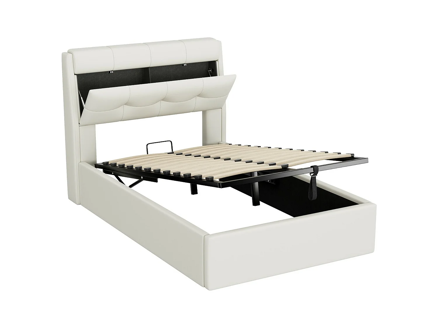 Lit coffre adulte 90x200cm, Tête de lit avec rangement, PU blanc, sans matelas