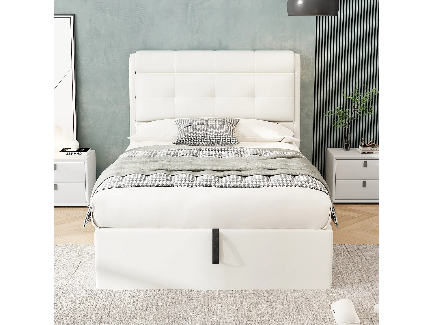Letto contenitore 90x200 cm per adulti con testiera con contenitore, ecopelle bianca, senza materasso