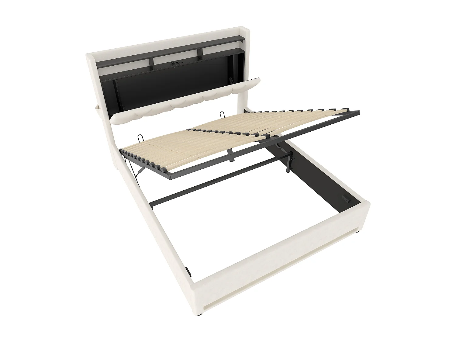 Opbergbed 140x200 cm beige voor volwassenen, met USB-poort en LED-verlichting, fluwelen bekleding, lattenbodem, zonder matras