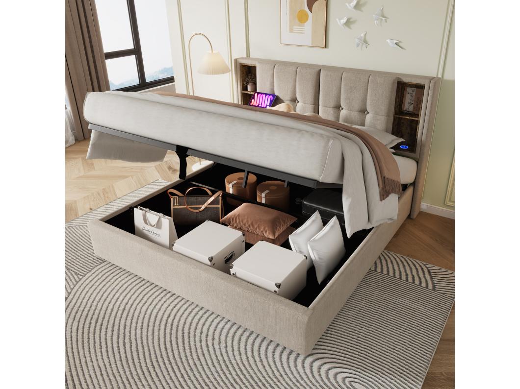 Boxspring bed volwassenen 160x200 cm met draadloos opladen en USB type-C, natuurlijk linnen, zonder matras