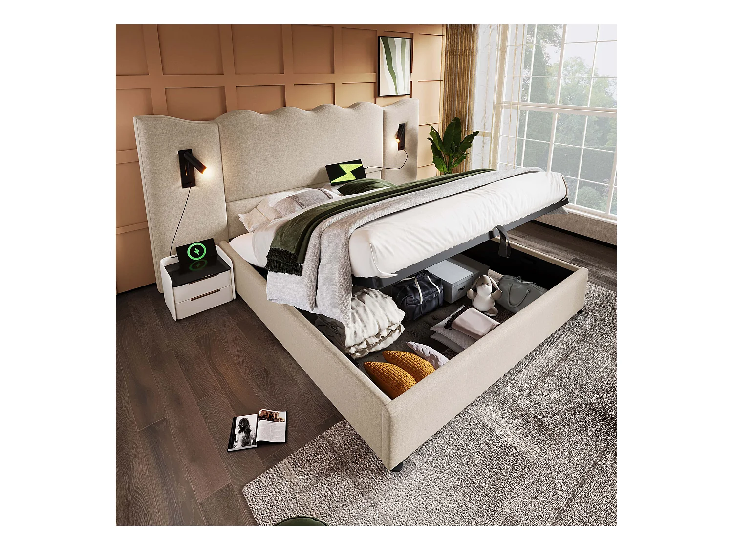 Lit coffre adulte 180x200cm avec 2 lampes de lecture et USB, lin, beige, sans matelas