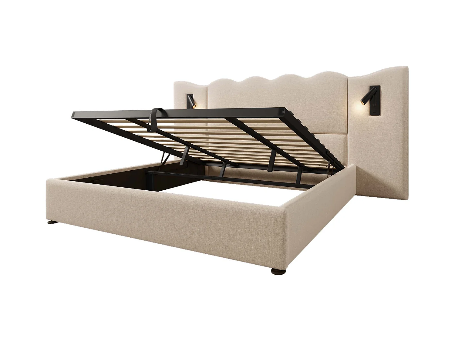 Lit coffre adulte 180x200cm avec 2 lampes de lecture et USB, lin, beige, sans matelas