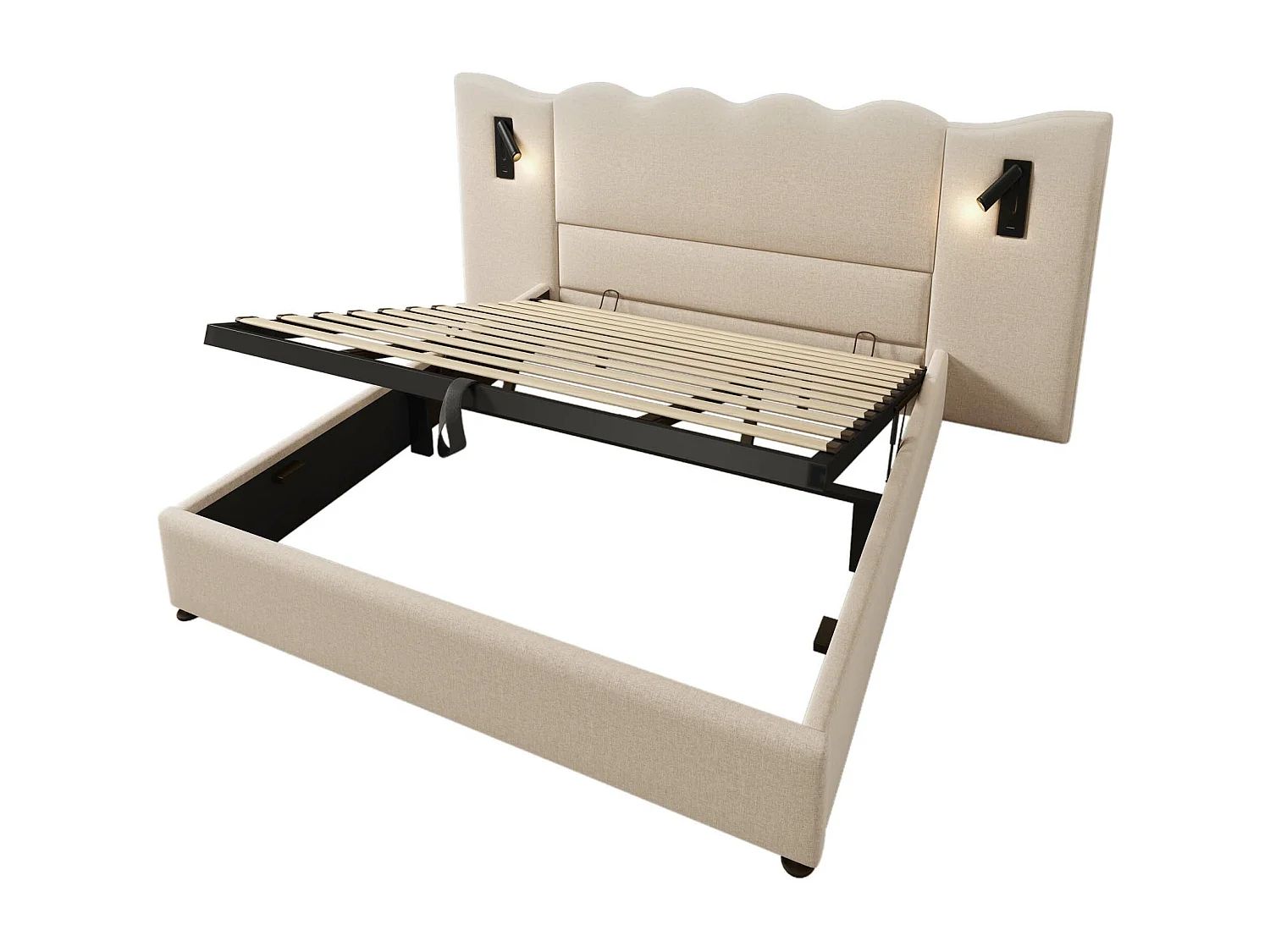Cama com arrumação 180x200 cm com 2 luzes de leitura e USB, linho bege, sem colchão