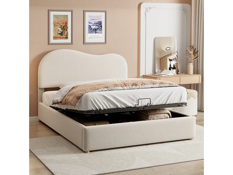 Cama con arcón para adultos 140x200 cm blanca con cabecero regulable, imitación polar, somier de láminas, sin colchón