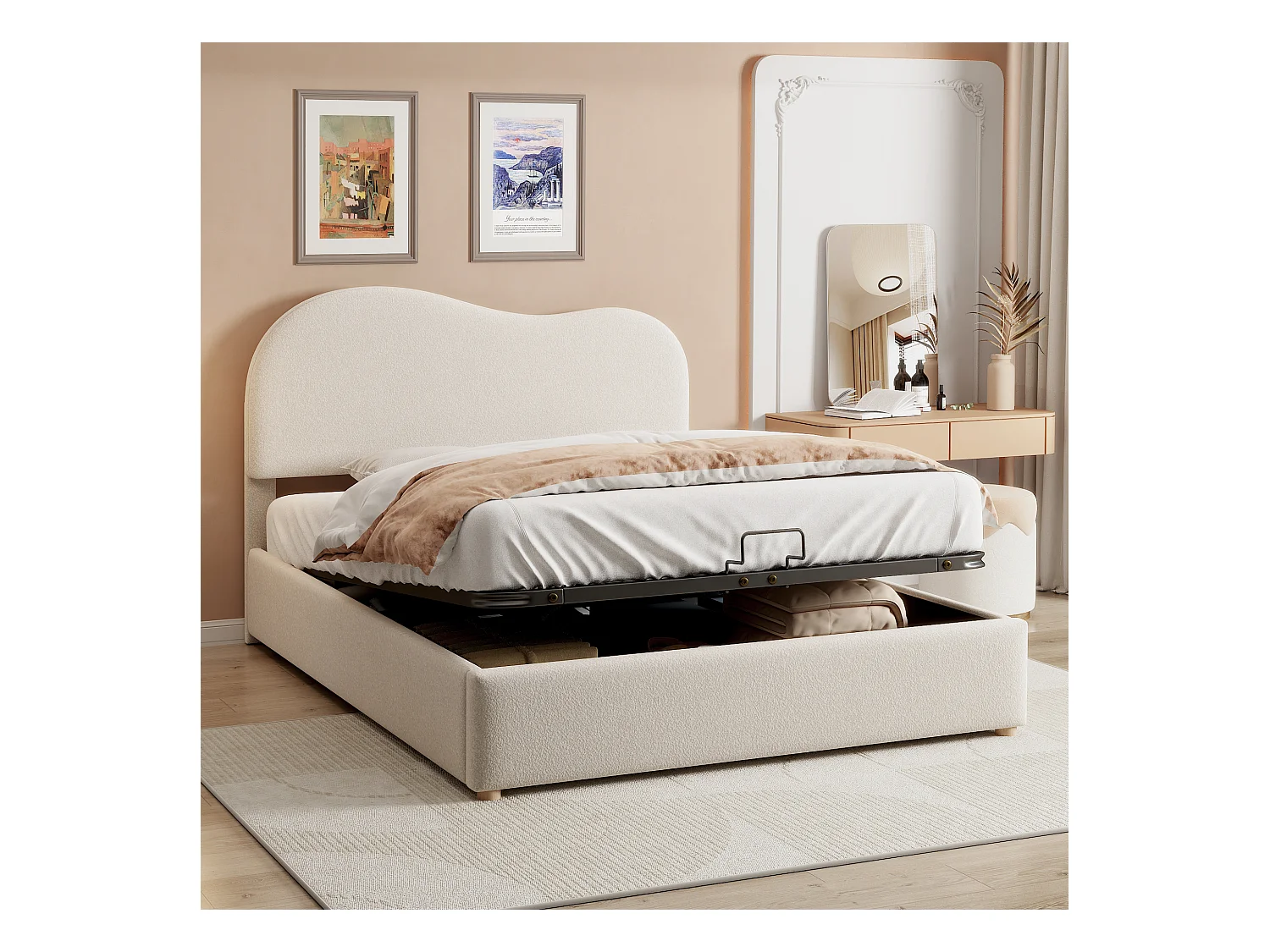 Lit coffre adulte 140x200 cm blanc avec tête de lit réglable, imitation polaire, sommier à lattes, sans matelas