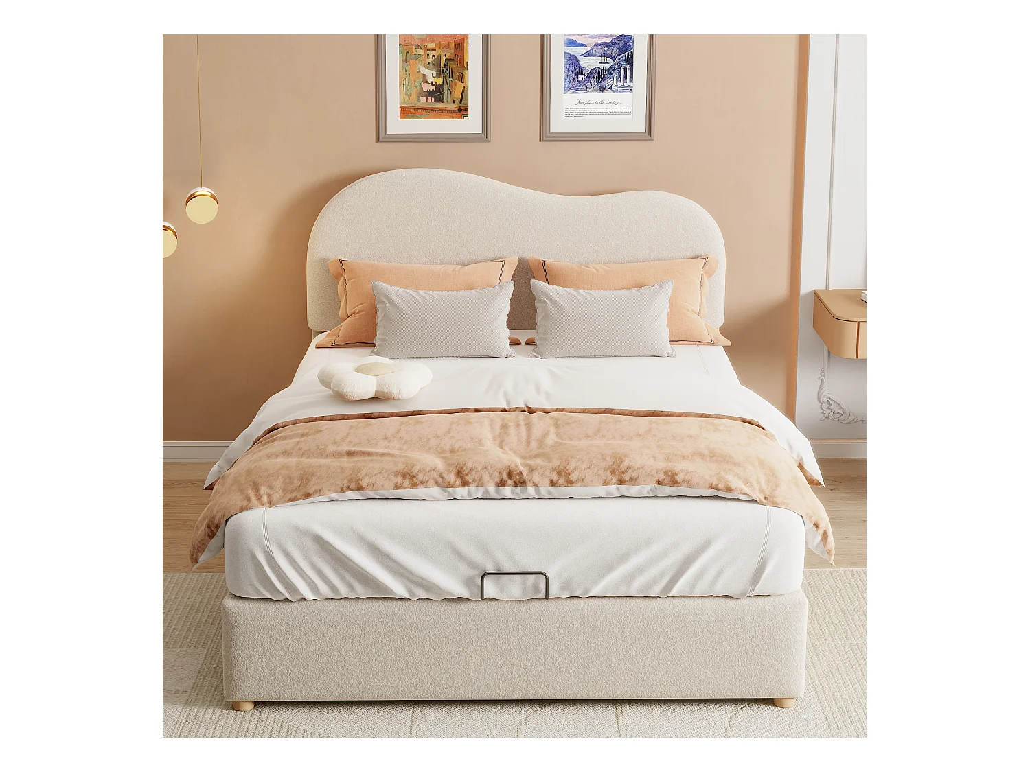 Lit coffre adulte 140x200 cm blanc avec tête de lit réglable, imitation polaire, sommier à lattes, sans matelas