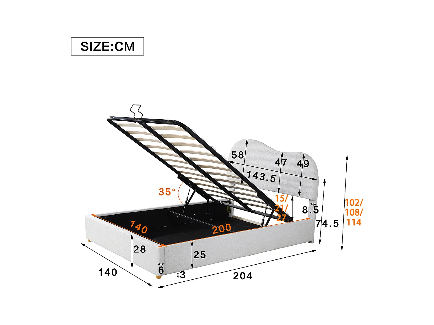 Lit coffre adulte 140x200 cm blanc avec tête de lit réglable, imitation polaire, sommier à lattes, sans matelas