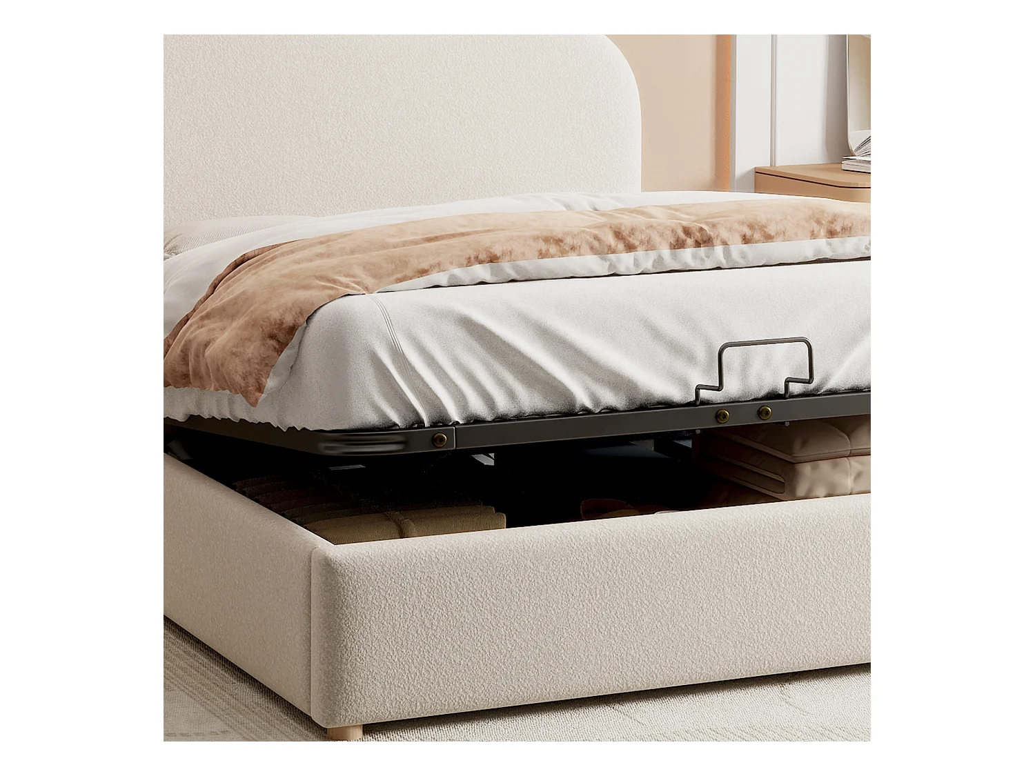 Lit coffre adulte 140x200 cm blanc avec tête de lit réglable, imitation polaire, sommier à lattes, sans matelas