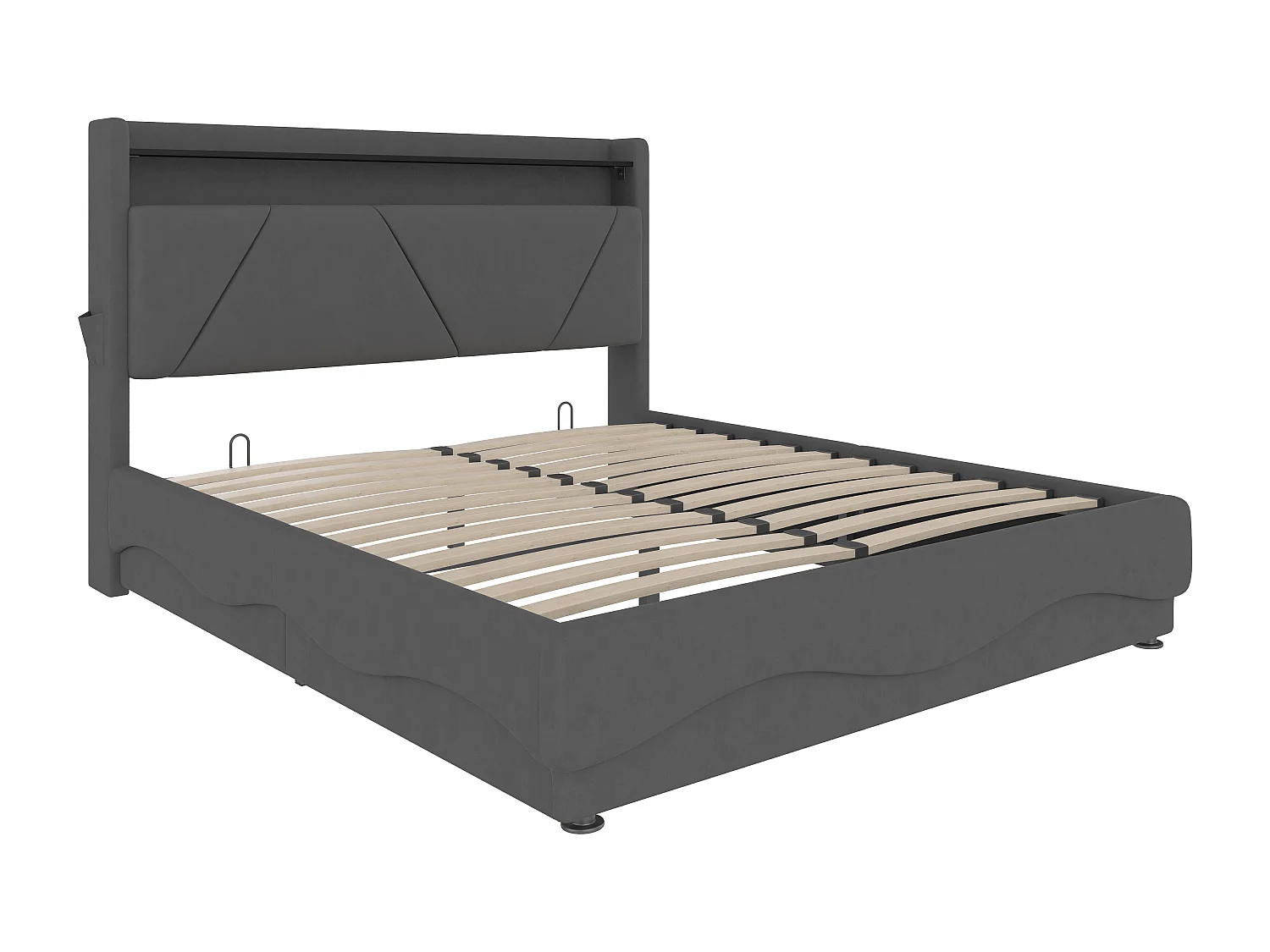 Lit coffre adulte 140x200 cm gris avec port USB et LED, velours, sommier à lattes, sans matelas