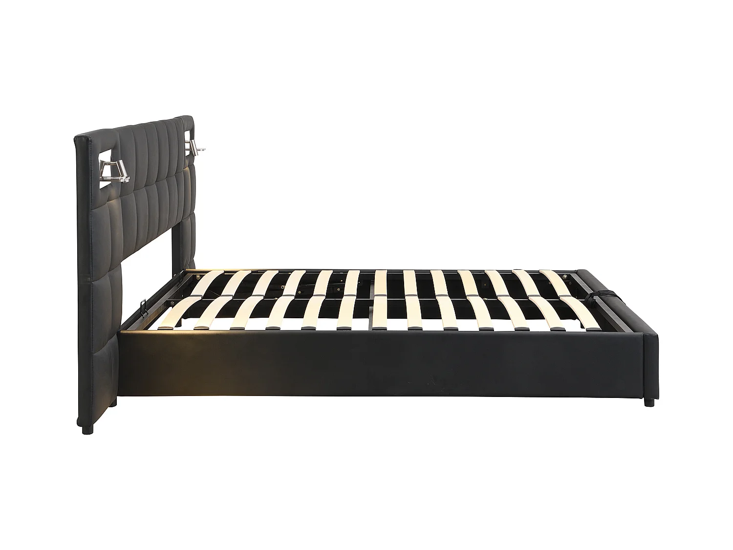 Lit coffre adulte 180x200 cm avec 2 lampes de lecture et USB type-C, en PU noir, sans matelas