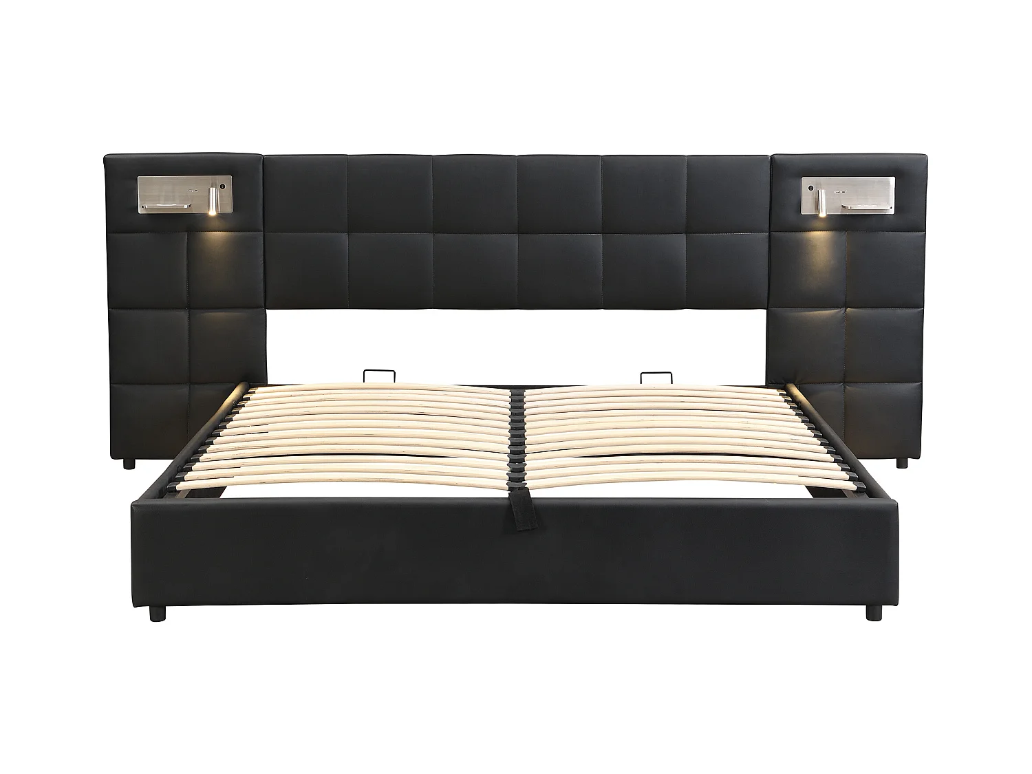Lit coffre adulte 180x200 cm avec 2 lampes de lecture et USB type-C, en PU noir, sans matelas