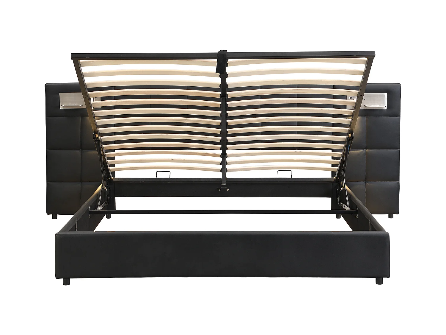 Lit coffre adulte 180x200 cm avec 2 lampes de lecture et USB type-C, en PU noir, sans matelas