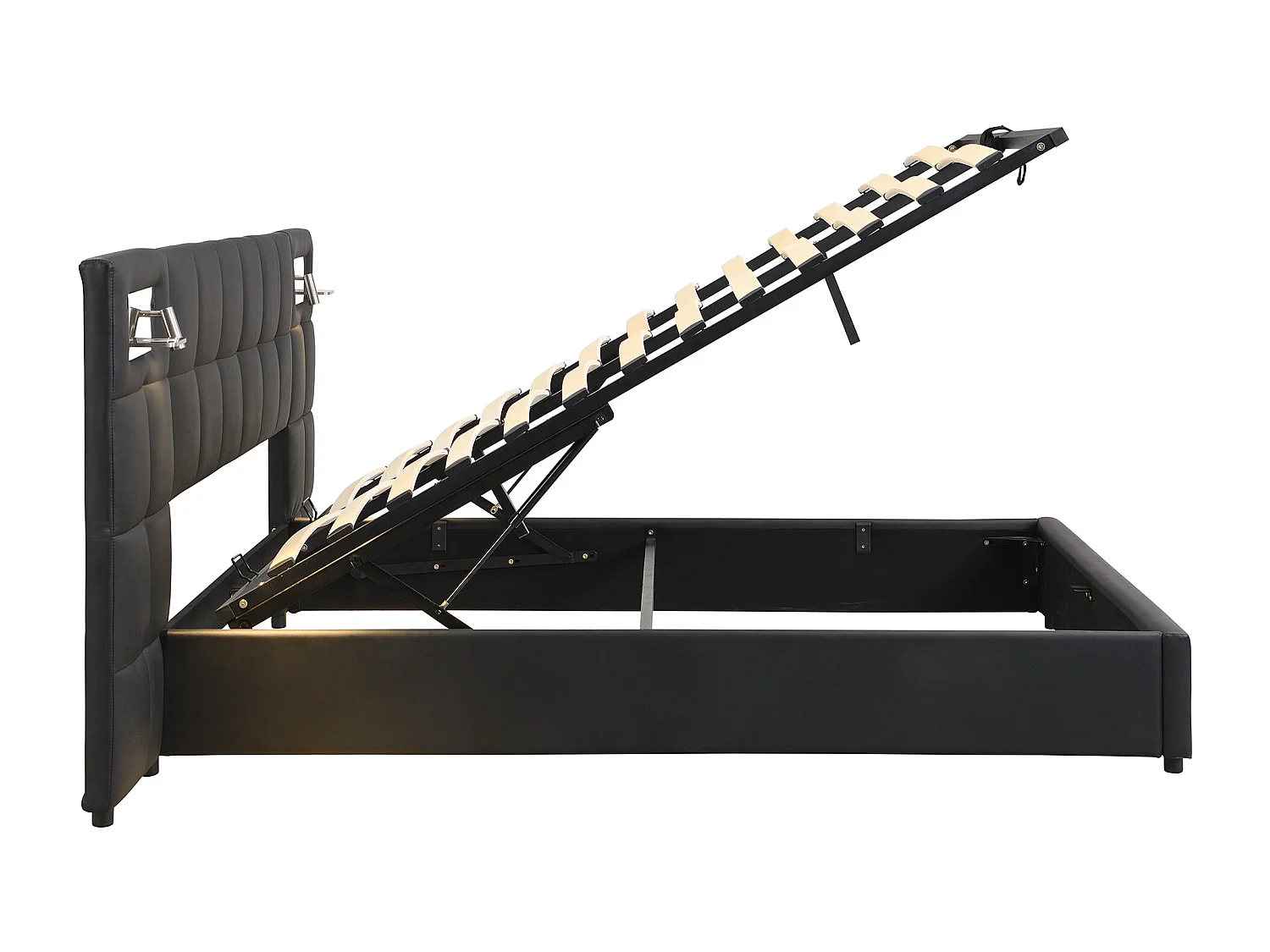 Lit coffre adulte 180x200 cm avec 2 lampes de lecture et USB type-C, en PU noir, sans matelas