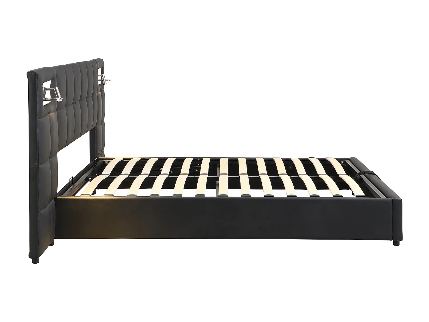Lit coffre adulte 180x200 cm avec 2 lampes de lecture et USB type-C, en PU noir, sans matelas