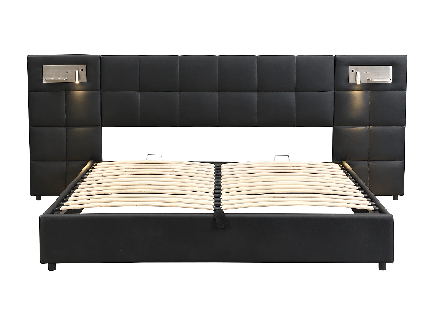 Lit coffre adulte 180x200 cm avec 2 lampes de lecture et USB type-C, en PU noir, sans matelas