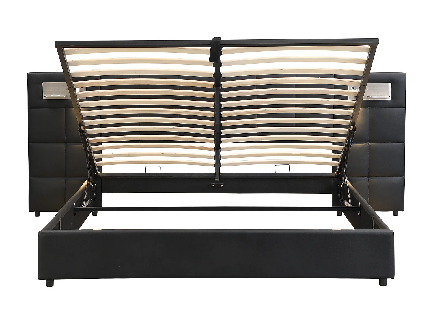 Lit coffre adulte 180x200 cm avec 2 lampes de lecture et USB type-C, en PU noir, sans matelas