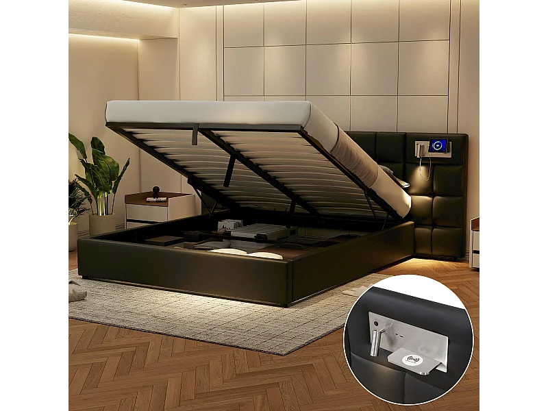 Cama baú adulto 180x200 cm com 2 lâmpadas de leitura e USB tipo-C, PU preto, sem colchão