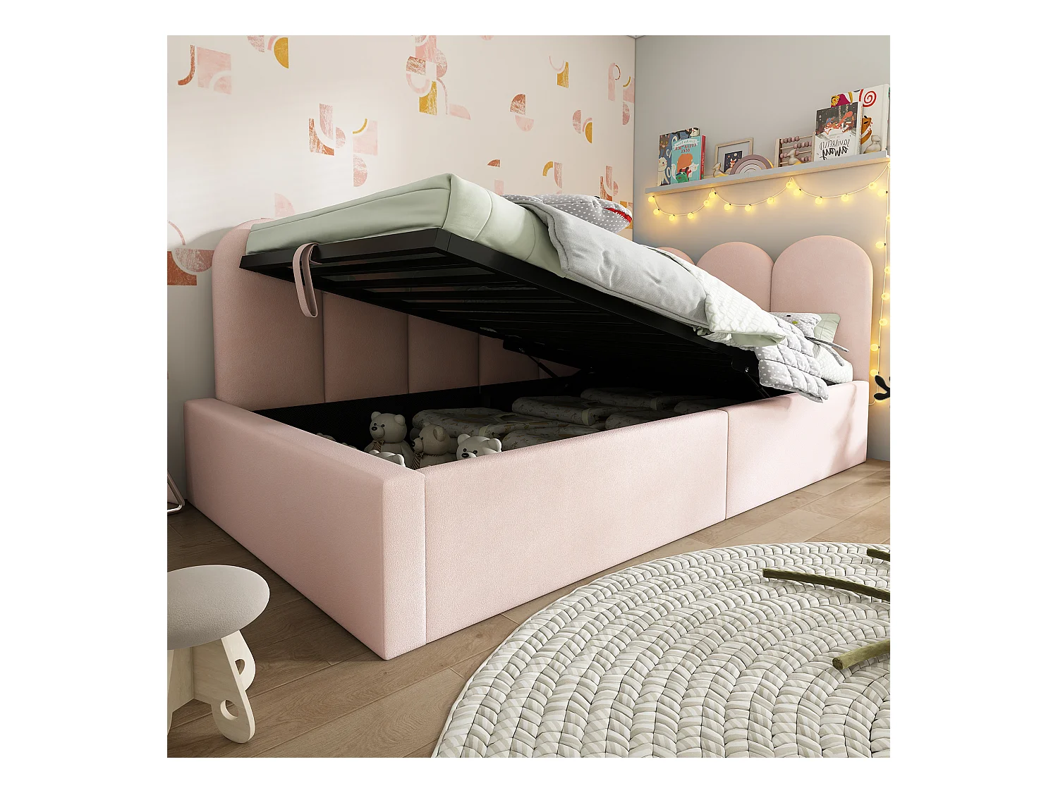 Lit coffre enfant 90x200cm, cadre en Métal, revêtement en velours rose, sans matelas