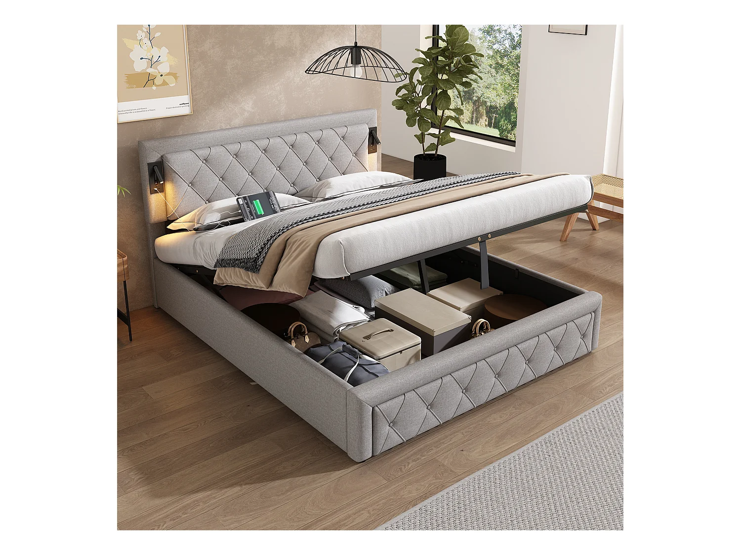Lit coffre adulte 160x200 cm avec 2 lampes de lecture et USB type-C, en lin gris, sans matelas