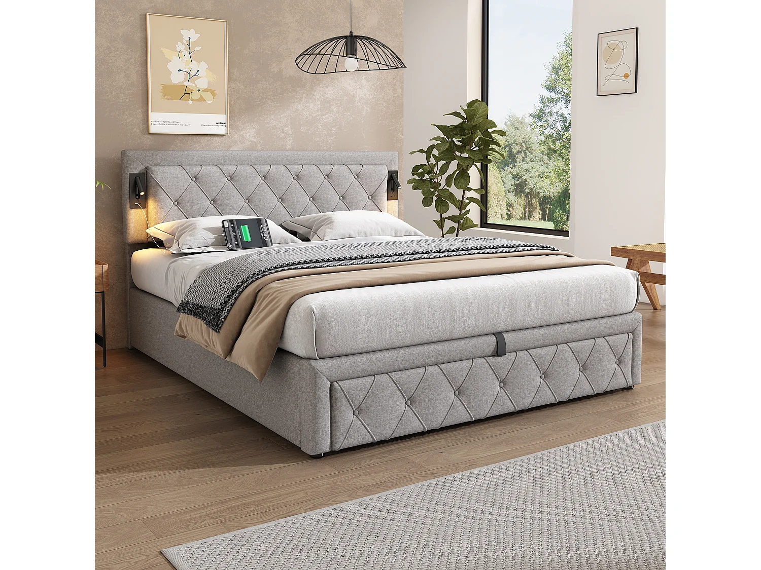 Lit coffre adulte 160x200 cm avec 2 lampes de lecture et USB type-C, en lin gris, sans matelas