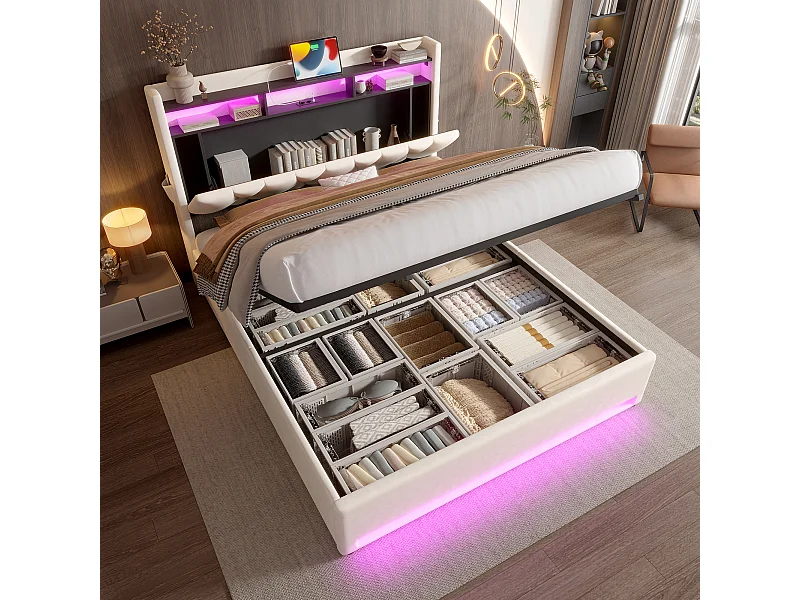 Opbergbed 160x200 cm beige voor volwassenen, met USB-poort en LED-verlichting, fluwelen bekleding, lattenbodem, zonder matras