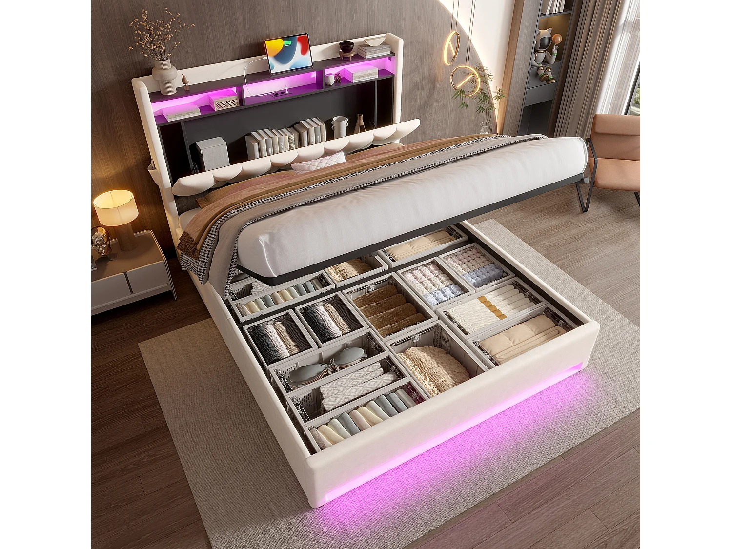 Opbergbed 160x200 cm beige voor volwassenen, met USB-poort en LED-verlichting, fluwelen bekleding, lattenbodem, zonder matras