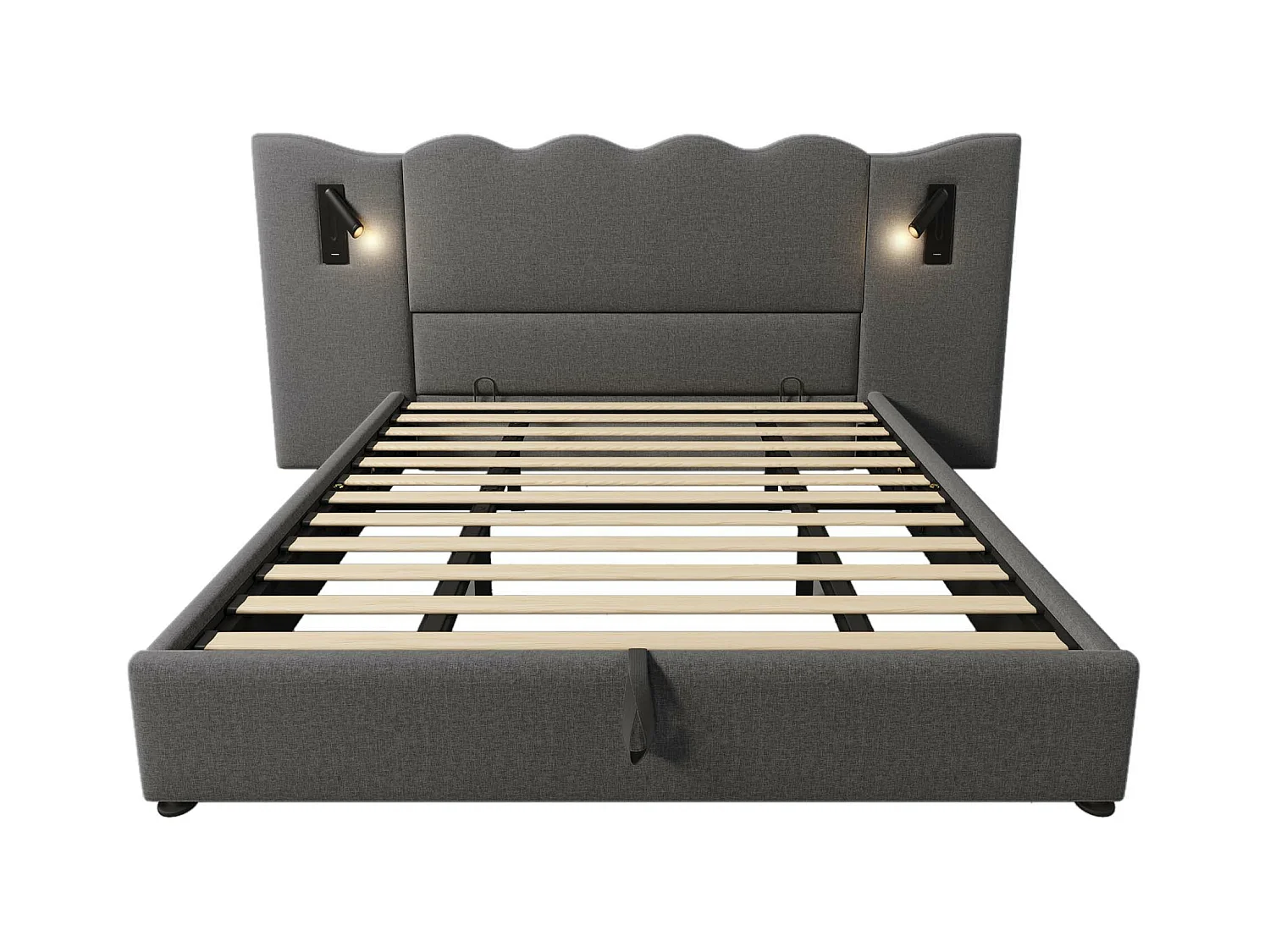 Lit coffre adulte 180x200cm avec 2 lampes de lecture et USB, lin, gris, sans matelas