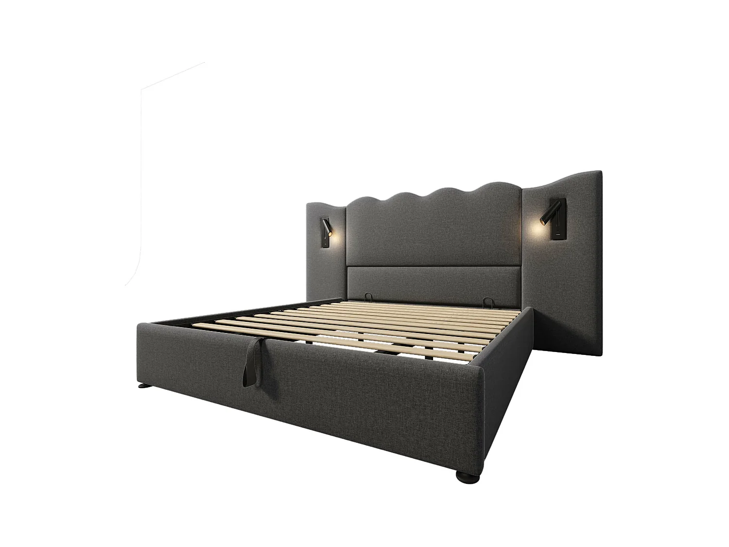 Lit coffre adulte 180x200cm avec 2 lampes de lecture et USB, lin, gris, sans matelas