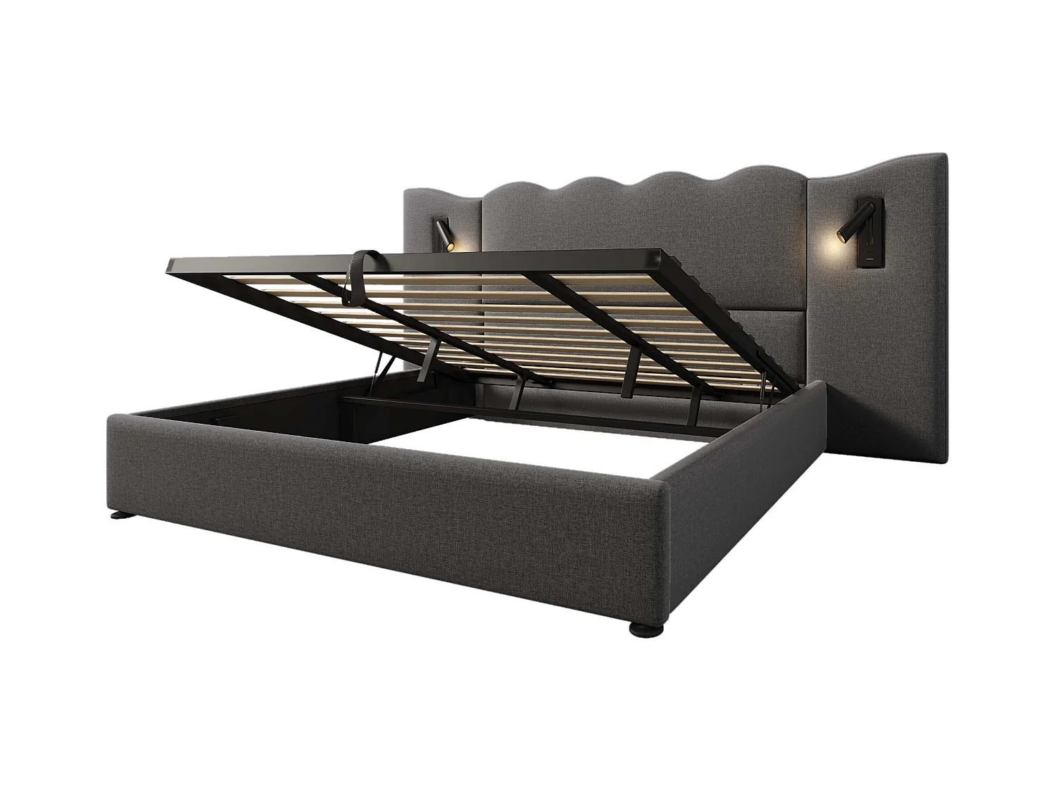 Lit coffre adulte 180x200cm avec 2 lampes de lecture et USB, lin, gris, sans matelas