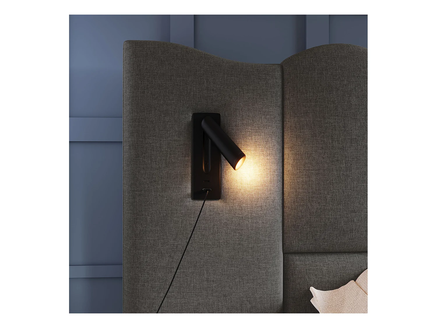 Lit coffre adulte 180x200cm avec 2 lampes de lecture et USB, lin, gris, sans matelas