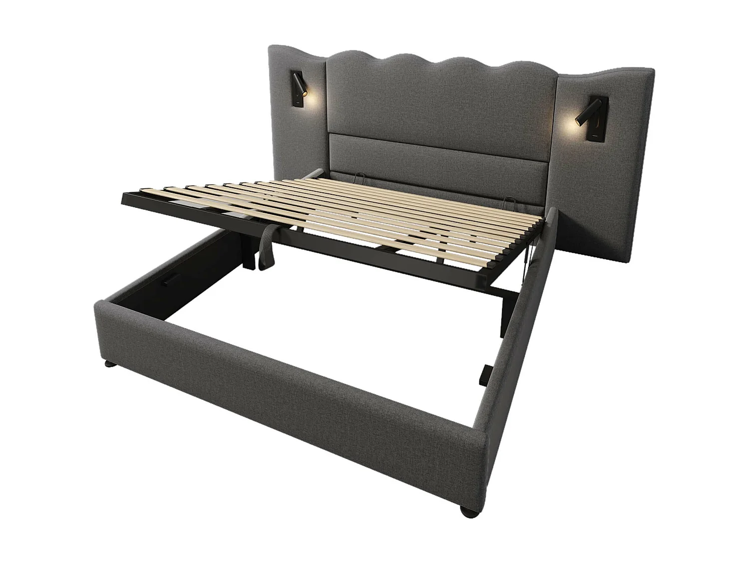 Cama com arrumação 180x200 cm com 2 luzes de leitura e USB, linho cinzento, sem colchão
