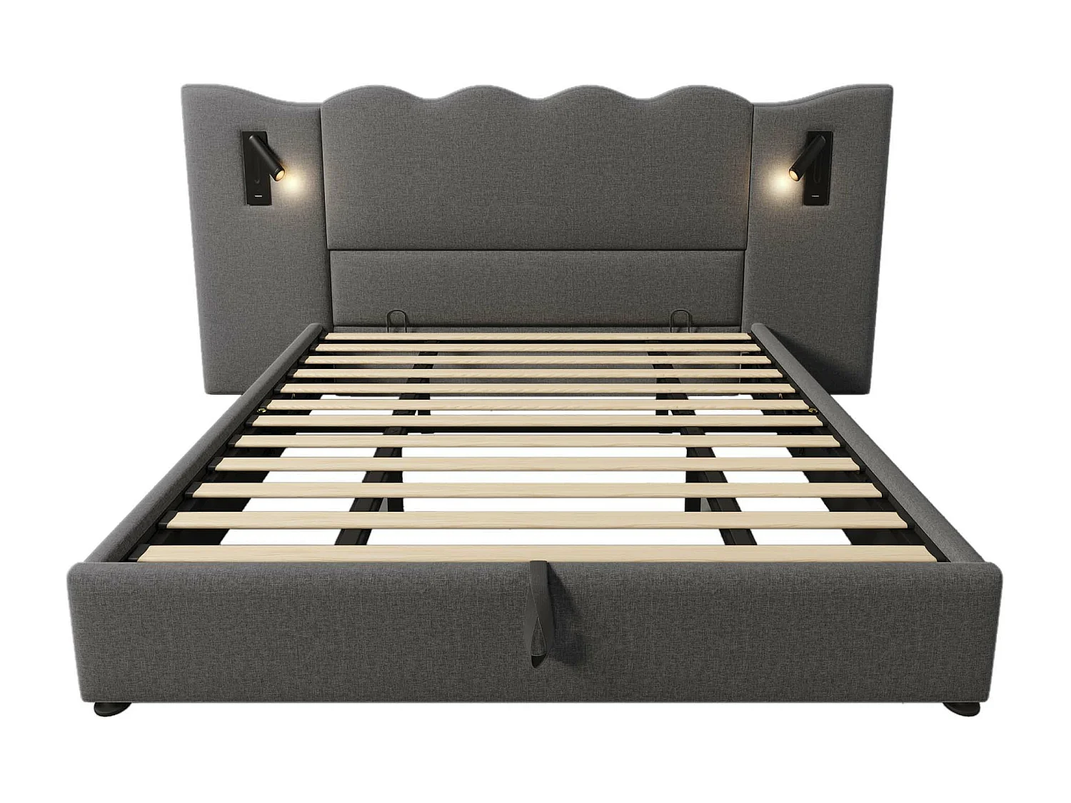 Cama com arrumação 180x200 cm com 2 luzes de leitura e USB, linho cinzento, sem colchão