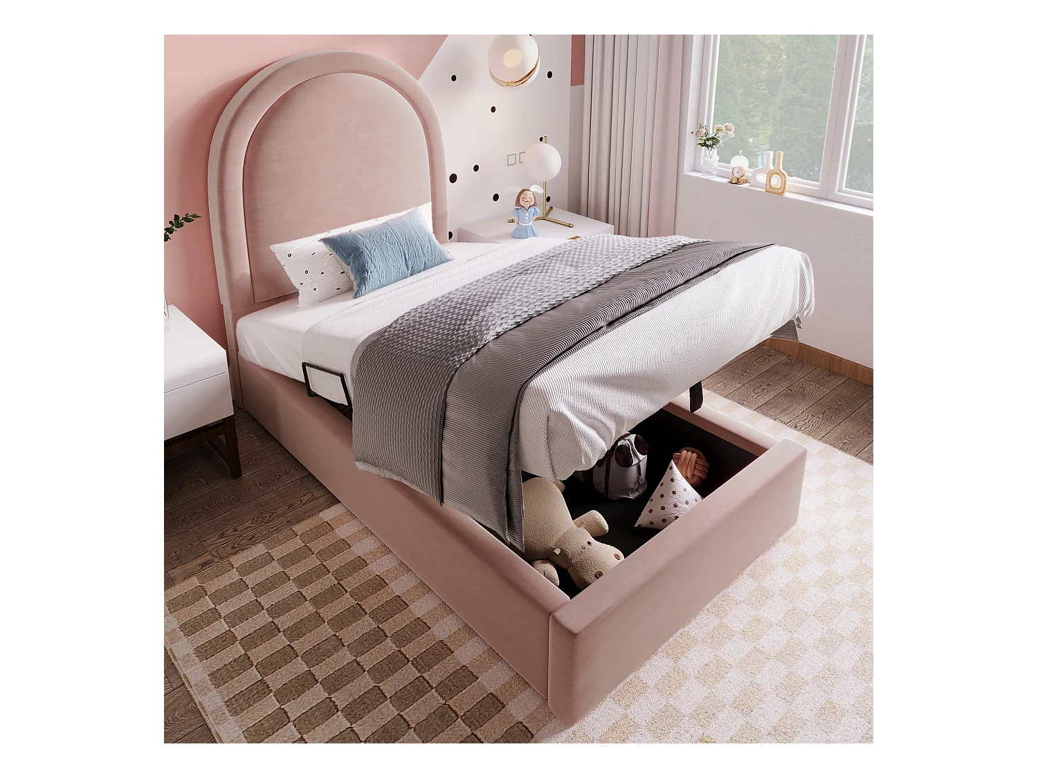 Lit coffre enfant 90x190cm avec Tête de lit en demi-cercle, velours rose, sans matelas