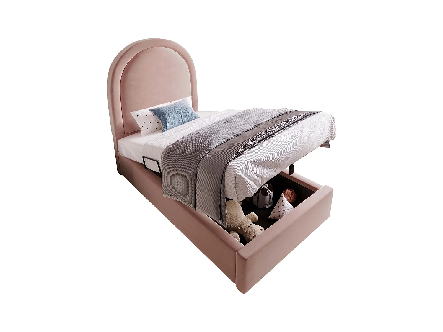 Lit coffre enfant 90x190cm avec Tête de lit en demi-cercle, velours rose, sans matelas