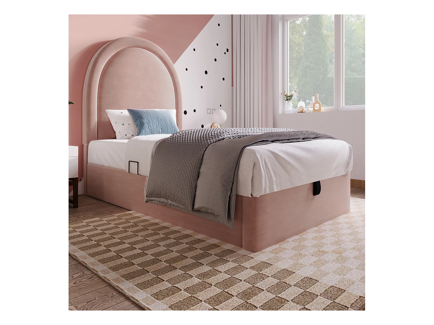 Lit coffre enfant 90x190cm avec Tête de lit en demi-cercle, velours rose, sans matelas
