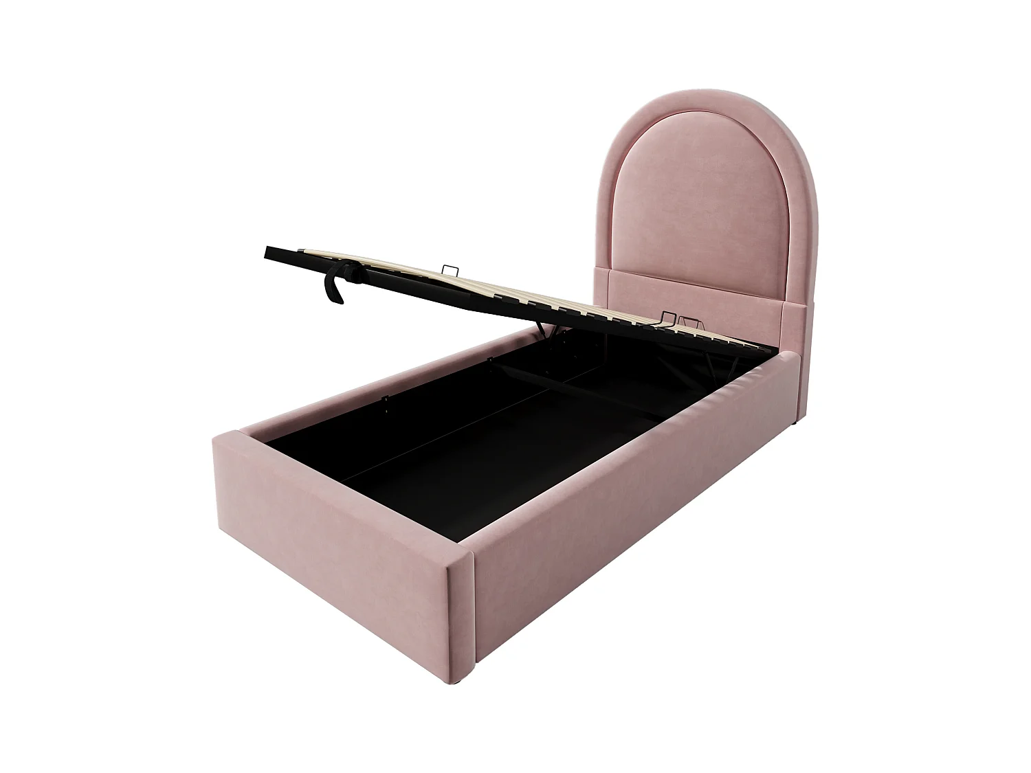 Lit coffre enfant 90x190cm avec Tête de lit en demi-cercle, velours rose, sans matelas