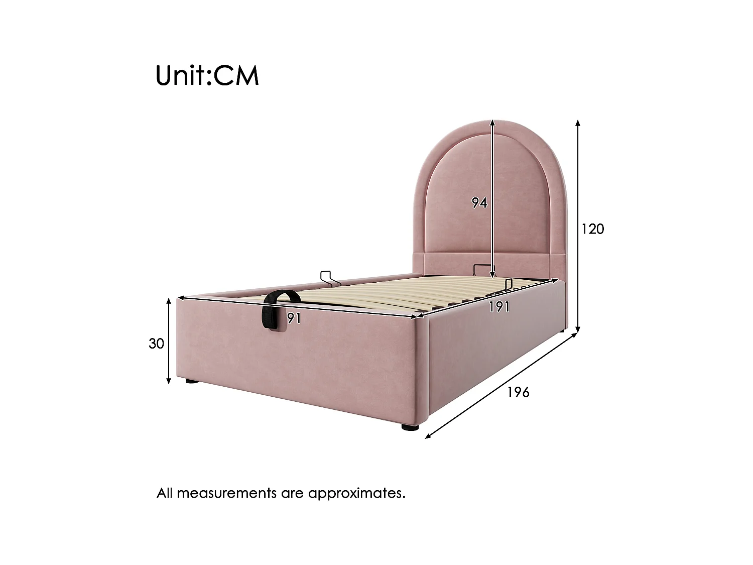 Lit coffre enfant 90x190cm avec Tête de lit en demi-cercle, velours rose, sans matelas