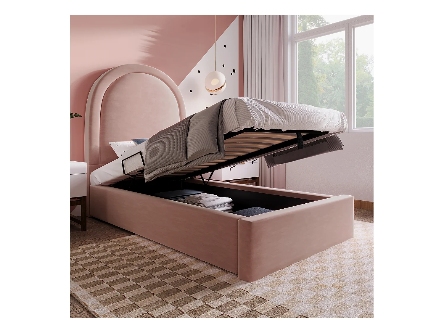 Lit coffre enfant 90x190cm avec Tête de lit en demi-cercle, velours rose, sans matelas