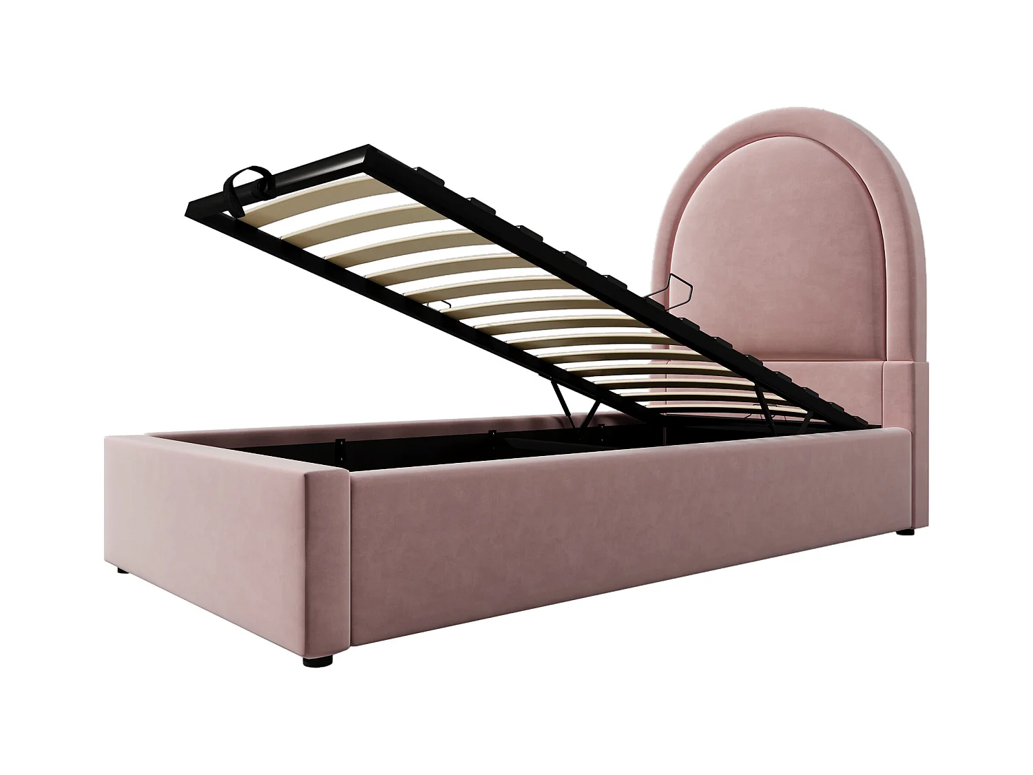 Lit coffre enfant 90x190cm avec Tête de lit en demi-cercle, velours rose, sans matelas
