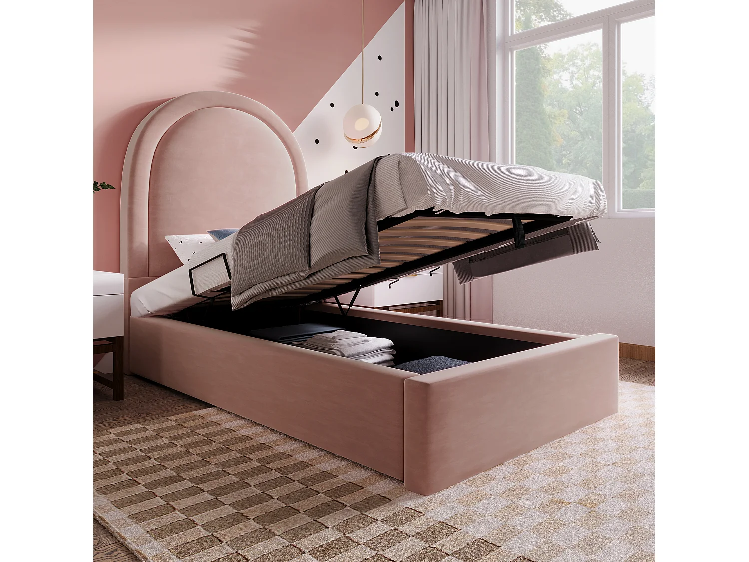 Lit coffre enfant 90x190cm avec Tête de lit en demi-cercle, velours rose, sans matelas